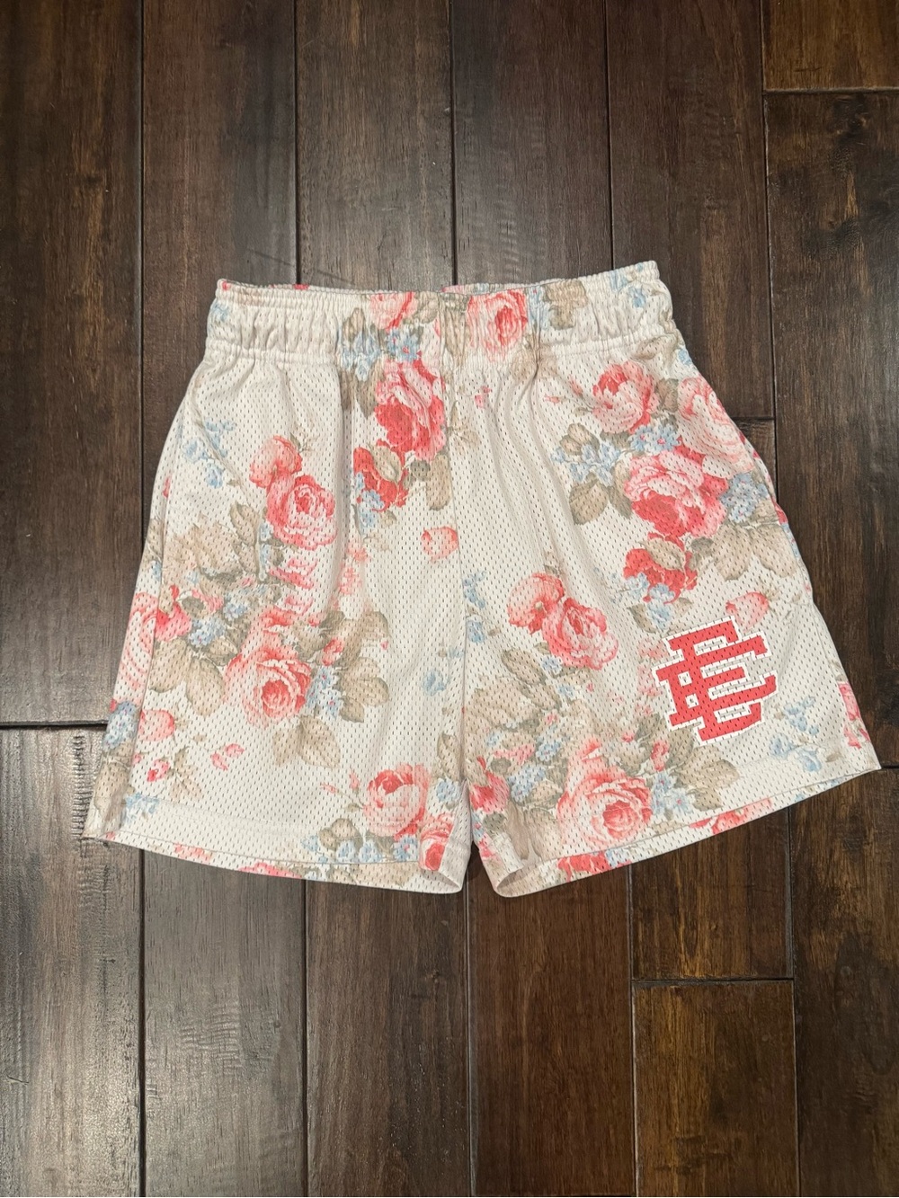 Authentic Eric Emanuel White Floral Mesh Athletic Shorts with Pink Roses
